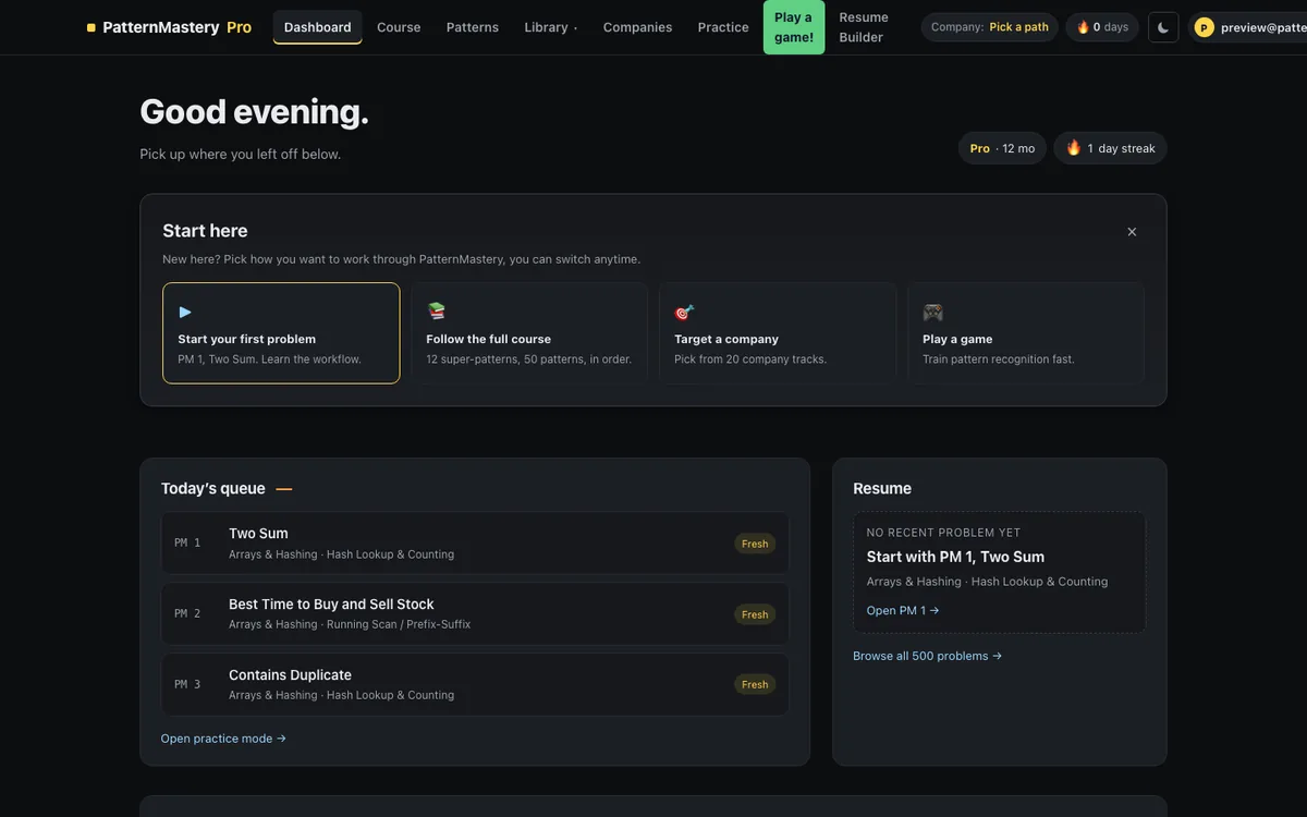 PatternMastery Pro dashboard with today's queue and progress
