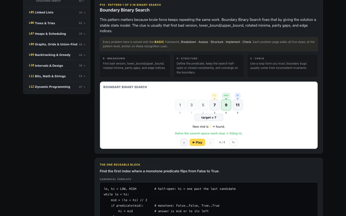 Animated pattern lesson for binary search with reusable code template