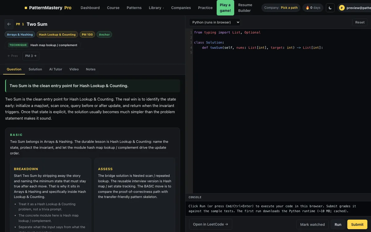 Problem workspace with question, solution tabs and in-browser Python editor